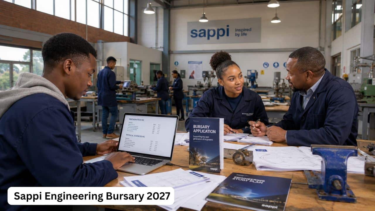 Young South African engineering students preparing documents for the Sappi Engineering Bursary 2027.