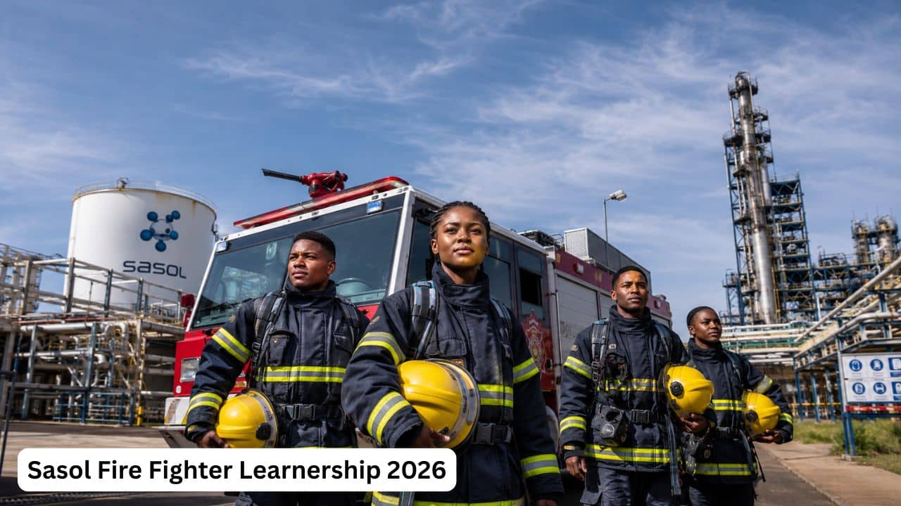 Young South African fire fighter trainees at an industrial emergency response training site for the Sasol Fire Fighter Learnership 2026