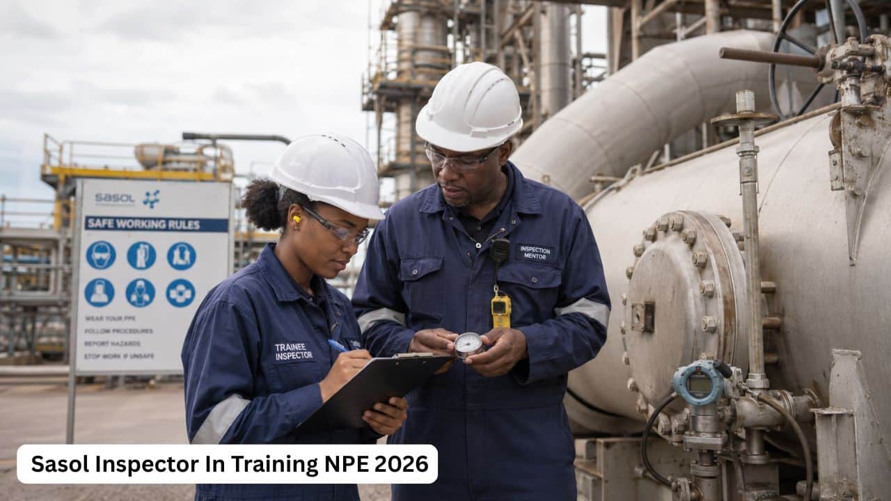 South African trainee inspector learning industrial equipment inspection at Sasol