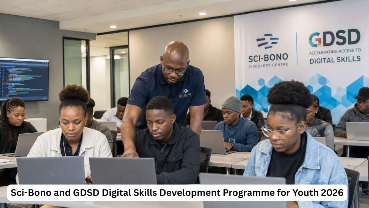Young South African adults attending a digital skills training session through the Sci-Bono and GDSD youth programme.