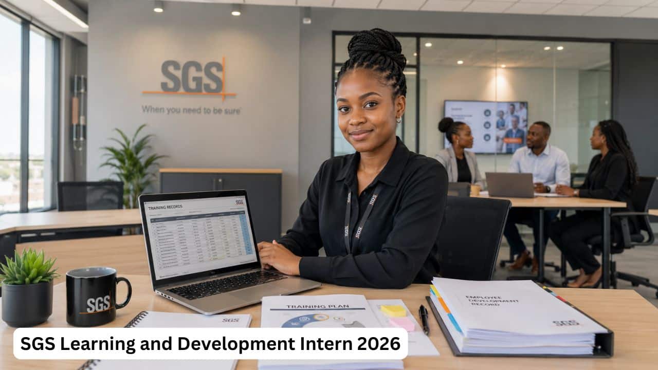 Young South African intern working on Learning and Development records in a professional SGS office environment.