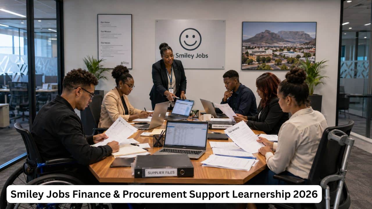 South African learners with disabilities receiving finance and procurement support training in a corporate office.