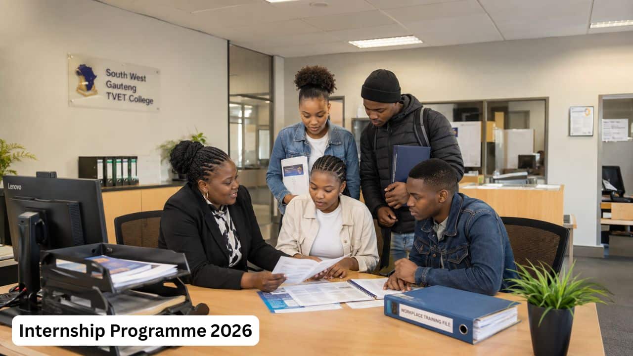 Young South African graduates preparing internship documents at a TVET college office