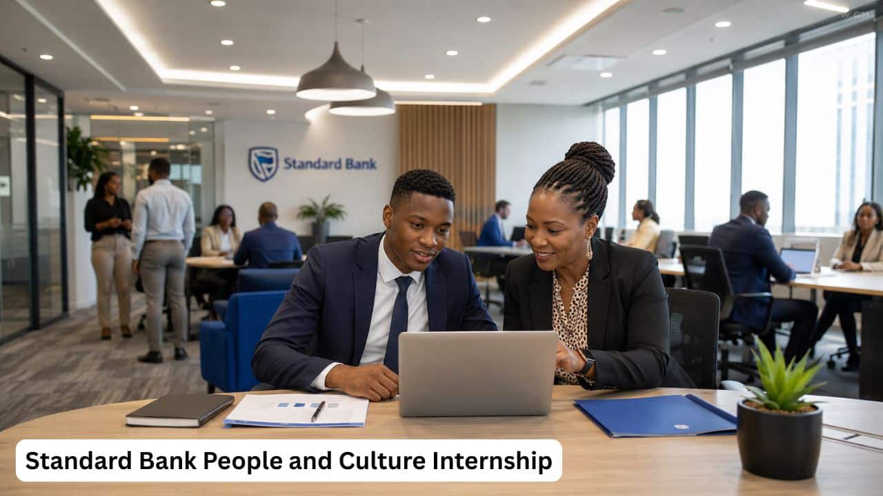 Young South African graduate receiving People and Culture mentorship in a professional Standard Bank office