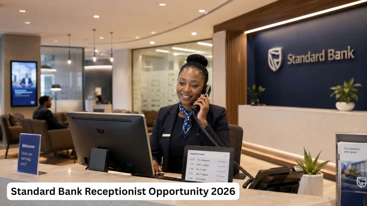 Professional South African receptionist assisting clients in a banking office
