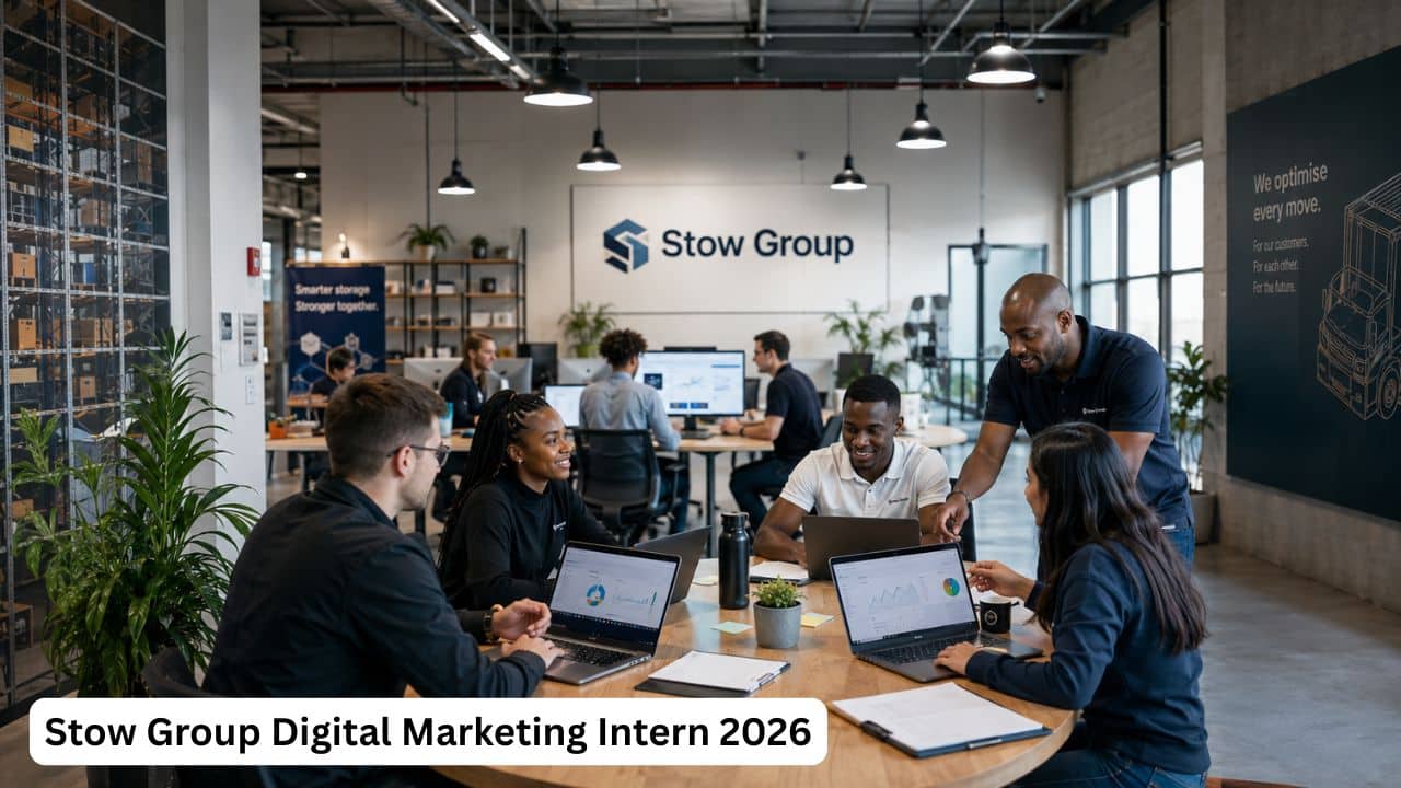 Young digital marketing graduates reviewing campaign analytics during the Stow Group Digital Marketing Intern 2026 role.
