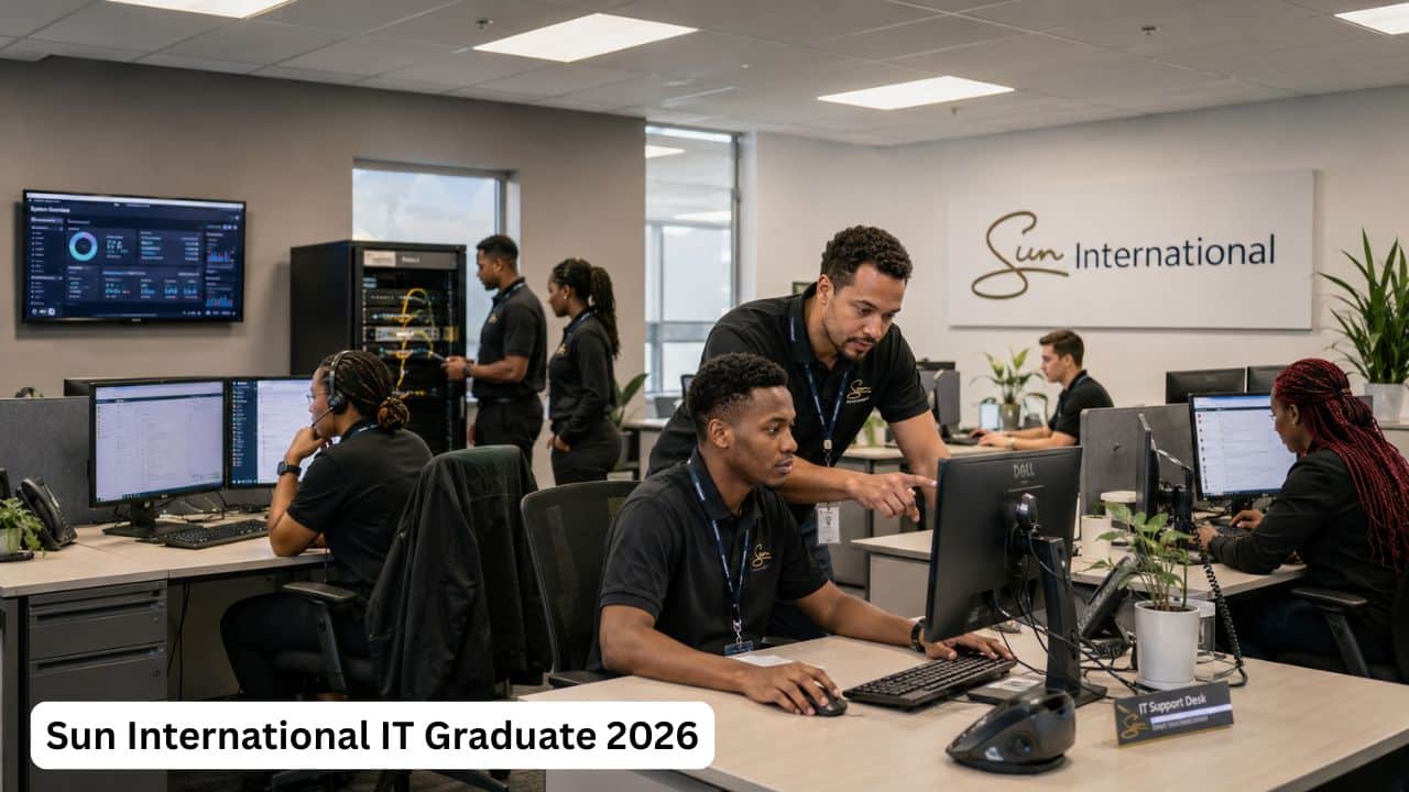Young South African IT graduates assisting with desktop support during the Sun International IT Graduate 2026 role.