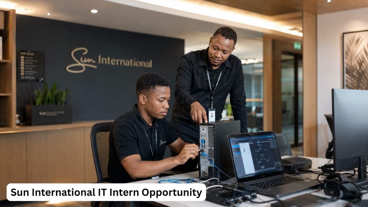 Young South African IT graduate assisting with desktop support in a professional Sun International office environment