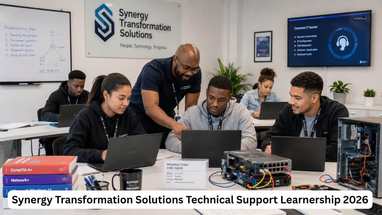 Young South African IT learners reviewing helpdesk tickets, laptops and technical support training materials.