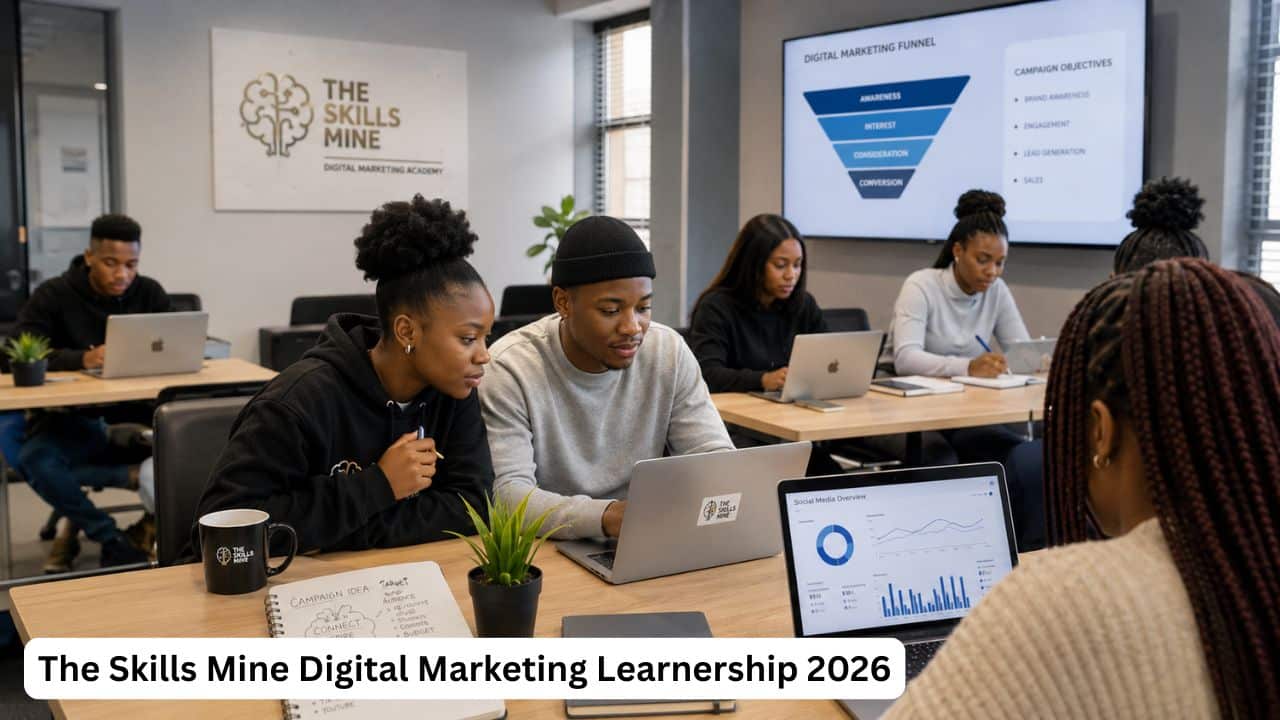 Young South African learners participating in The Skills Mine Digital Marketing Learnership training session