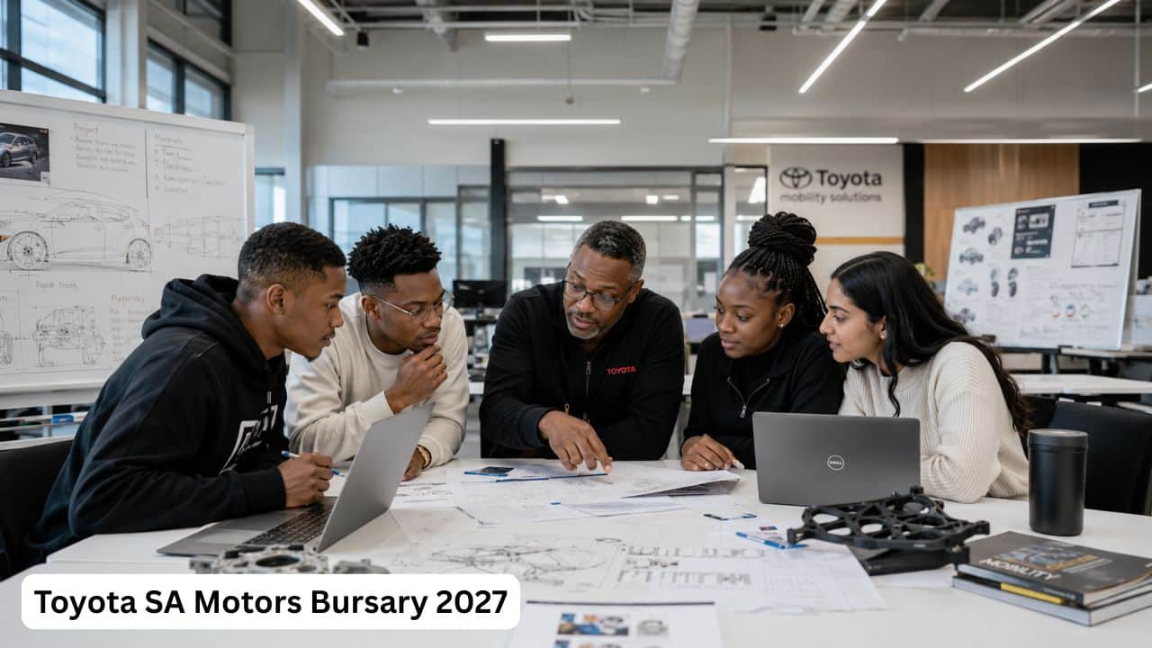 South African university students preparing Toyota SA Motors Bursary applications in commerce engineering and science fields