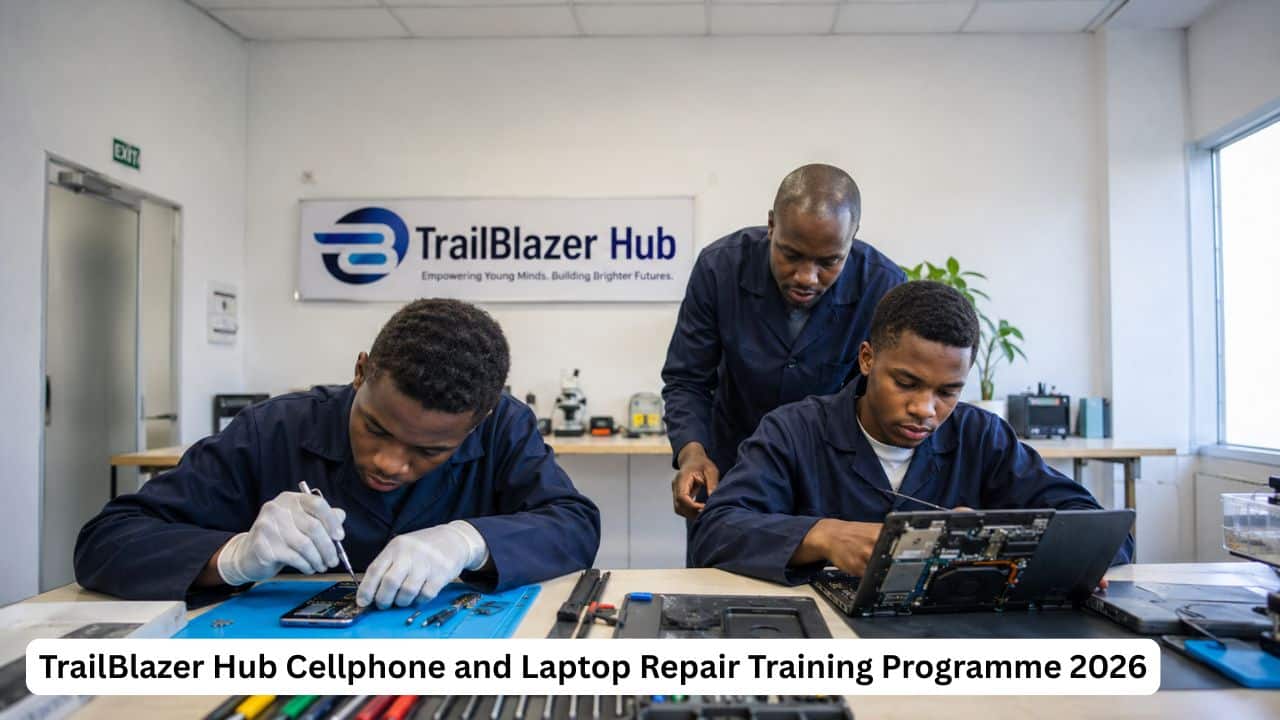 Young South African trainees learning cellphone and laptop repair skills in a technical workshop