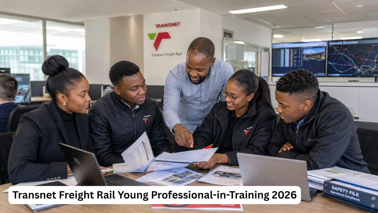 Young South African graduates reviewing rail logistics documents with a mentor inside a Transnet Freight Rail office.