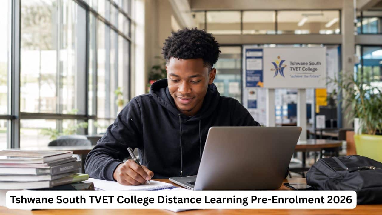 Young South African student completing Tshwane South TVET College distance learning pre-enrolment online for 2026.