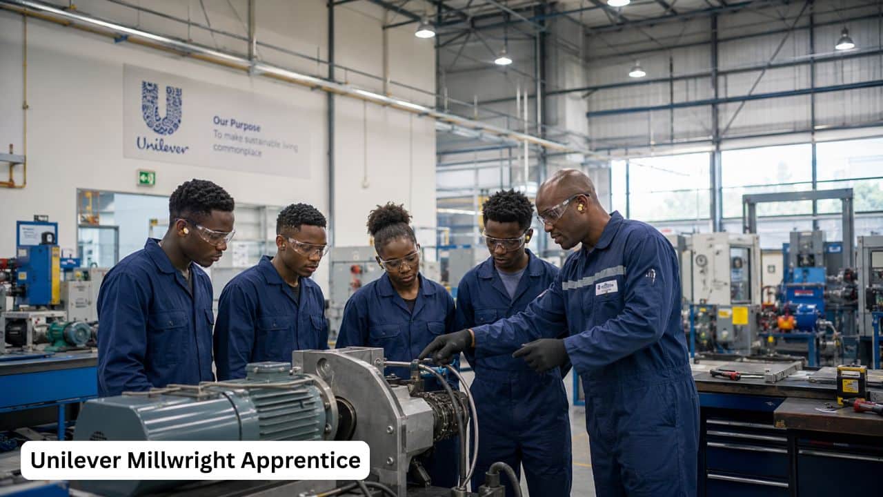 Young South African millwright apprentice learning mechanical and electrical maintenance at a Unilever factory