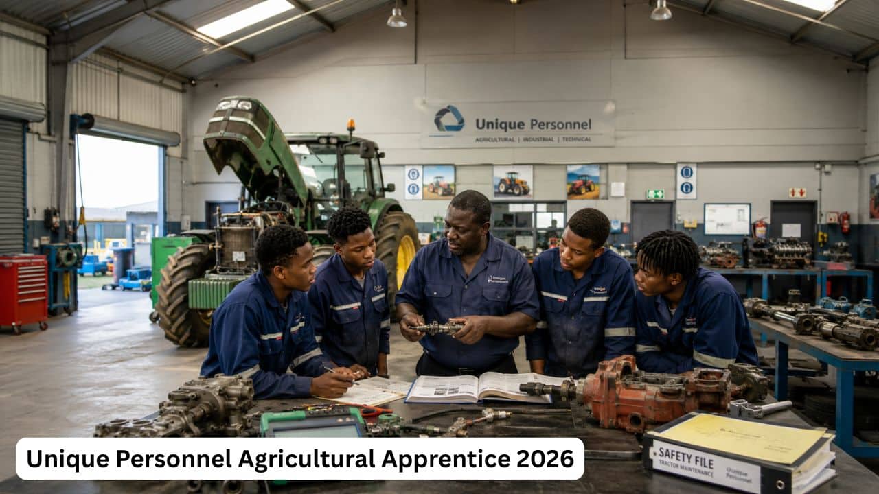Young South African agricultural apprentices reviewing diesel tractor parts and service manuals in a workshop.
