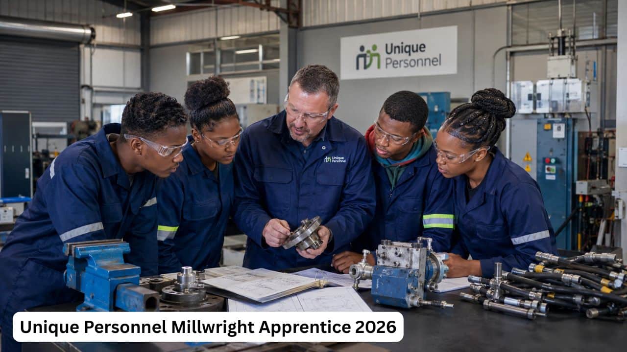 Young South African millwright apprentices reviewing mechanical and electrical maintenance equipment in an industrial workshop.