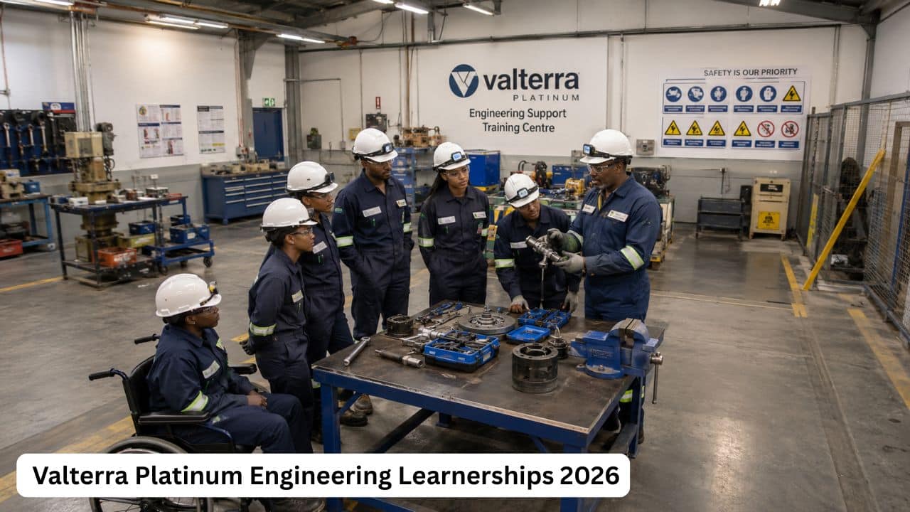 South African learners attending Valterra Platinum engineering support training in a mining workshop environment.