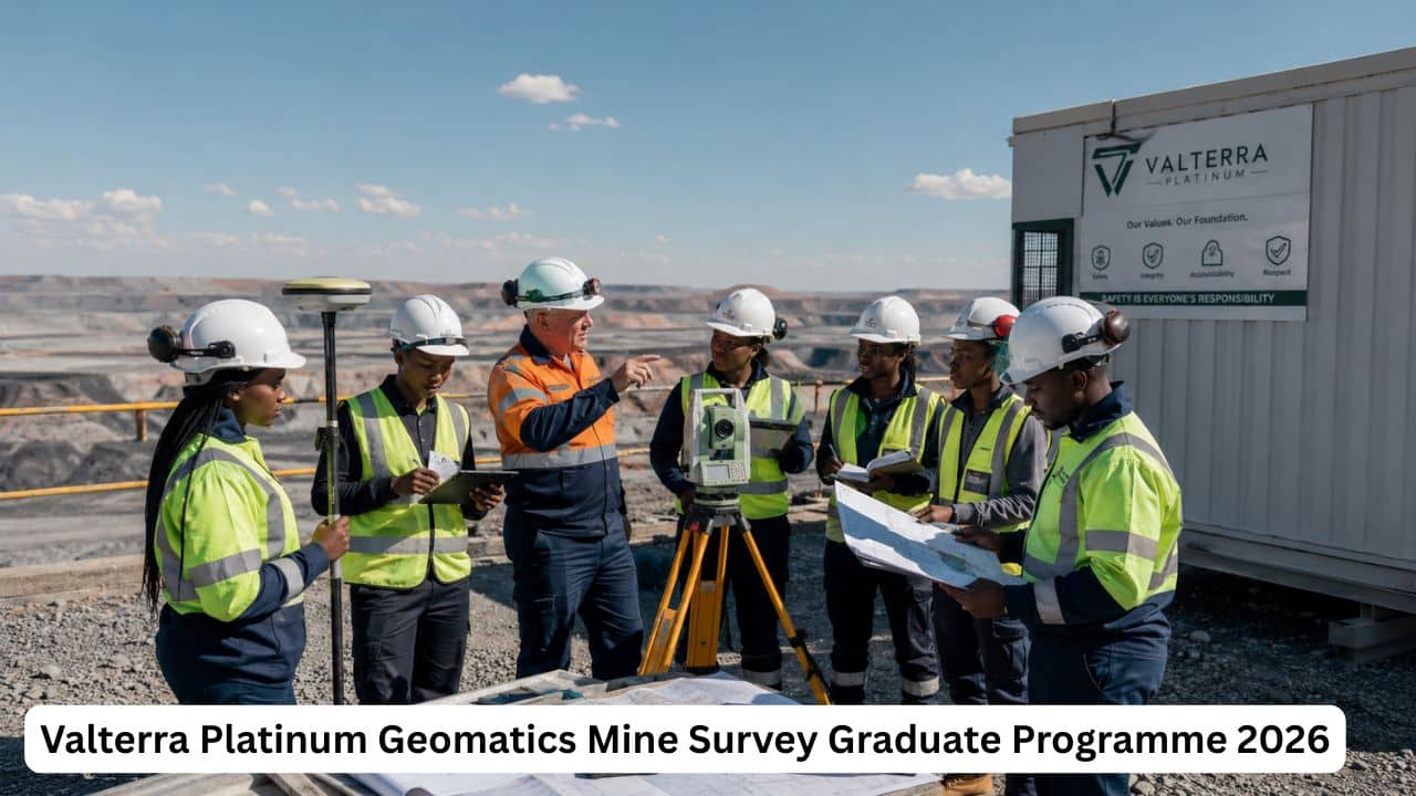 South African geomatics graduates receiving mine survey training at a Valterra Platinum mining operation.