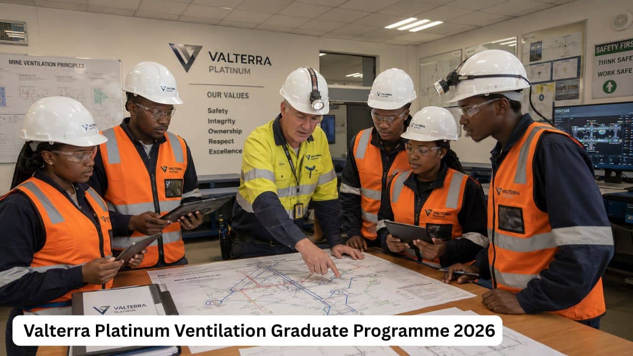 South African mining engineering graduates receiving ventilation training at a Valterra Platinum mining operation.