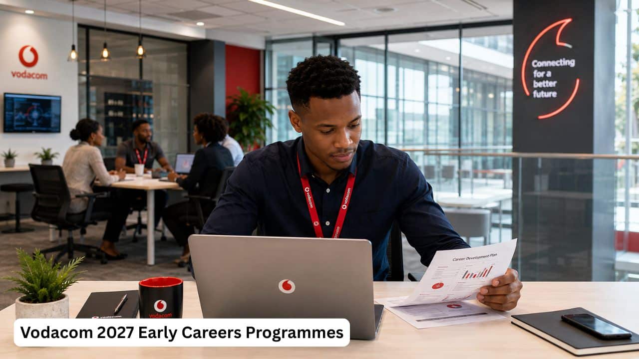 Young South African graduate professional working in a modern Vodacom digital technology office