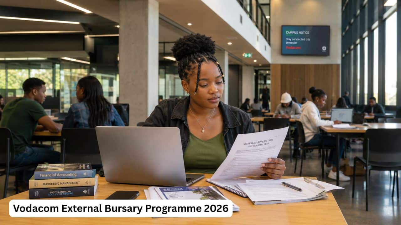 South African university student preparing documents for the Vodacom External Bursary Programme 2026