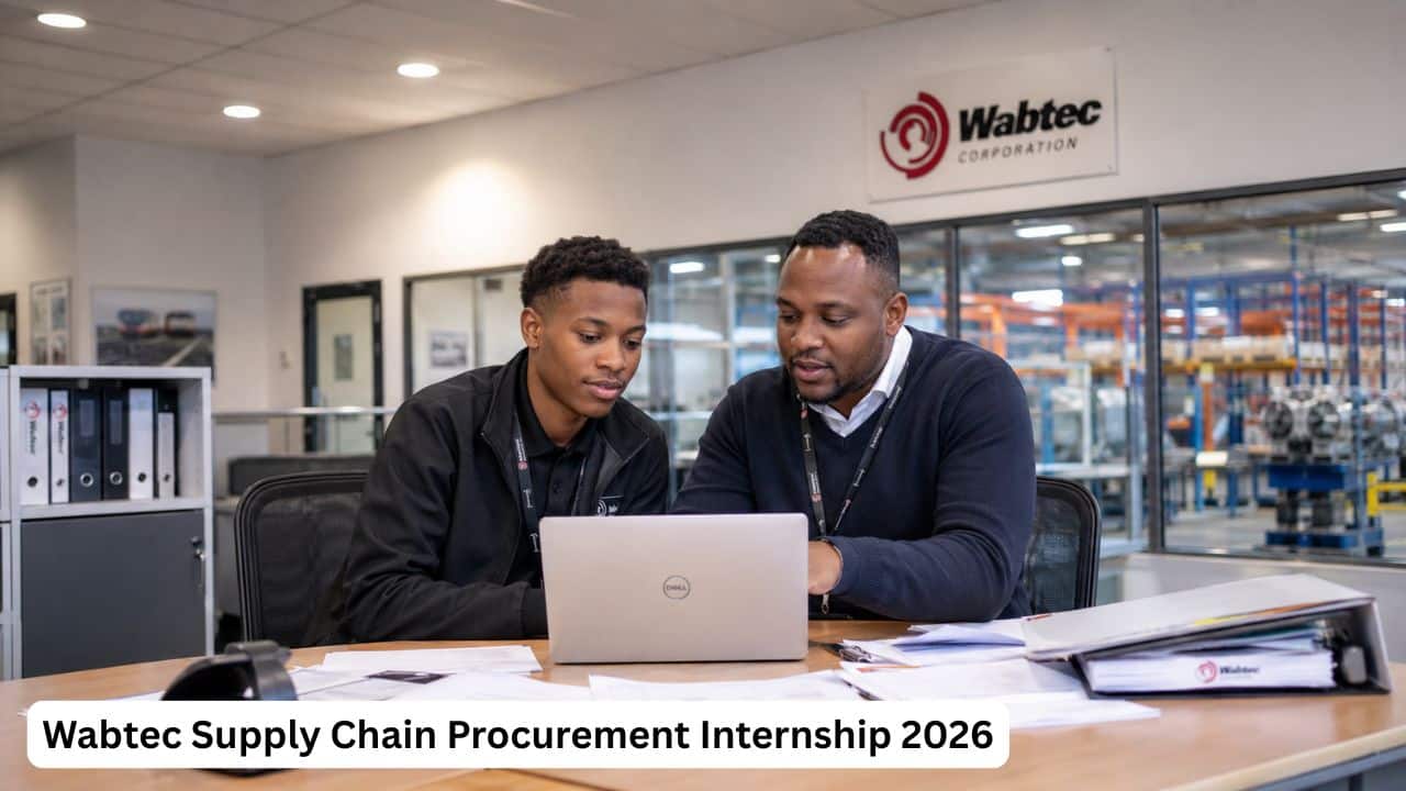 Young South African procurement intern reviewing supplier documents during a Wabtec supply chain internship.