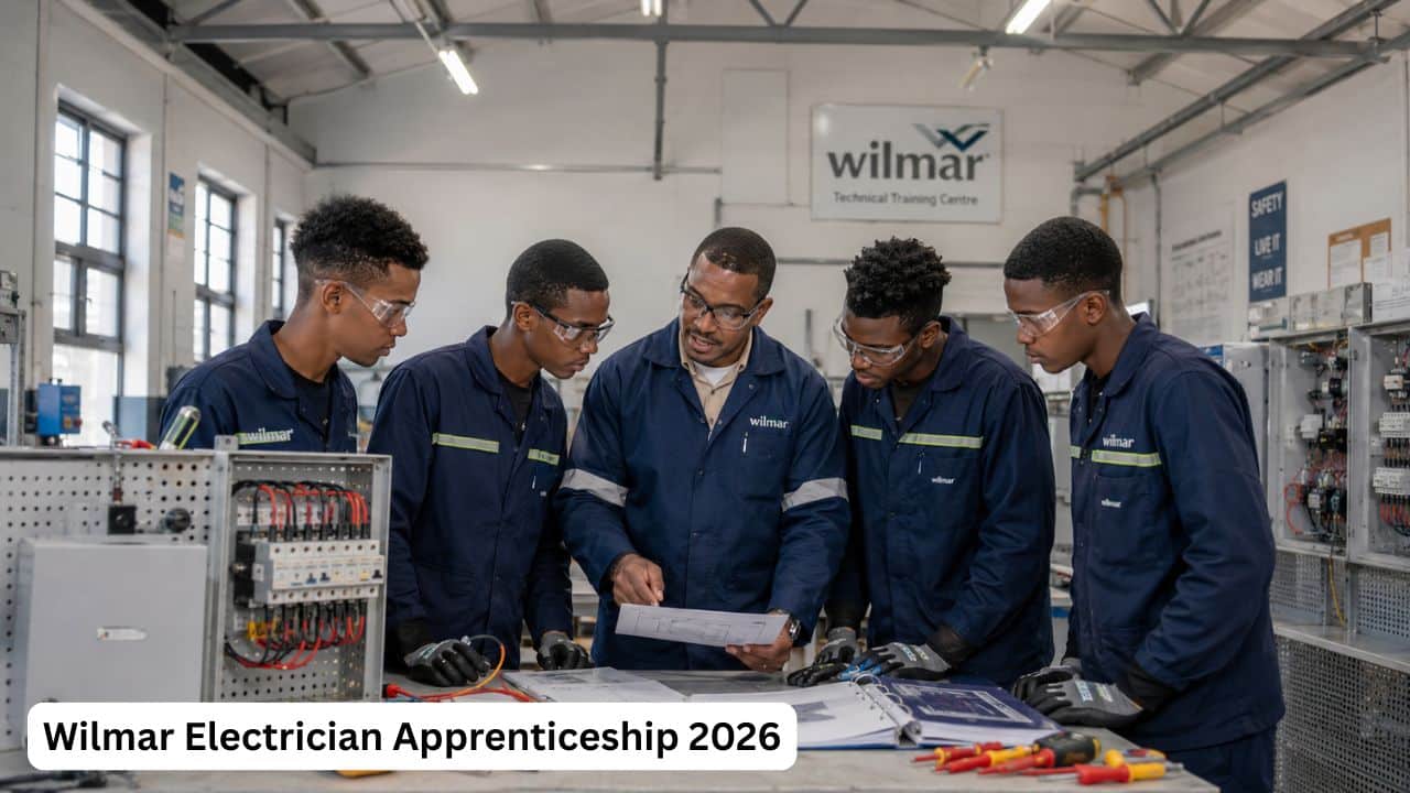 Young South African electrical apprentices reviewing wiring diagrams and electrical tools in a training workshop.
