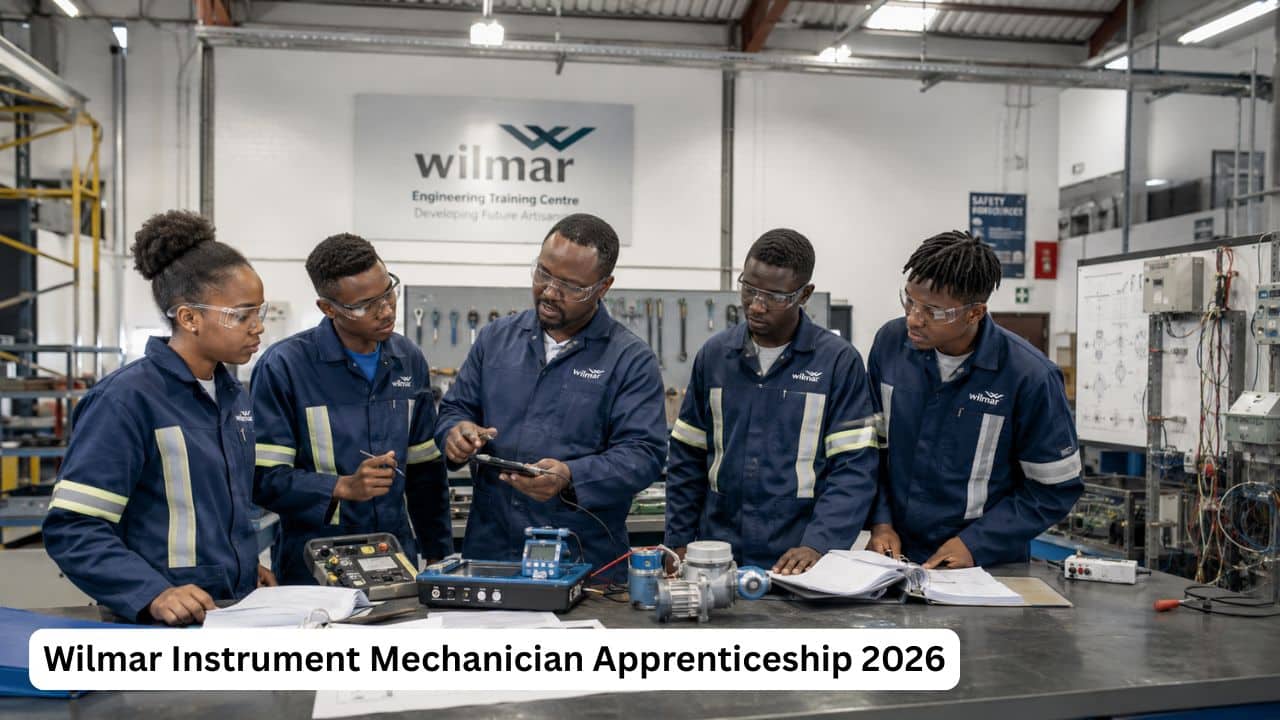 Young South African engineering apprentices reviewing instrumentation tools and technical drawings in a training workshop.