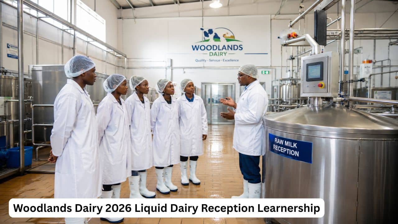 Young South African learners in protective clothing during a Woodlands Dairy liquid dairy reception training session.