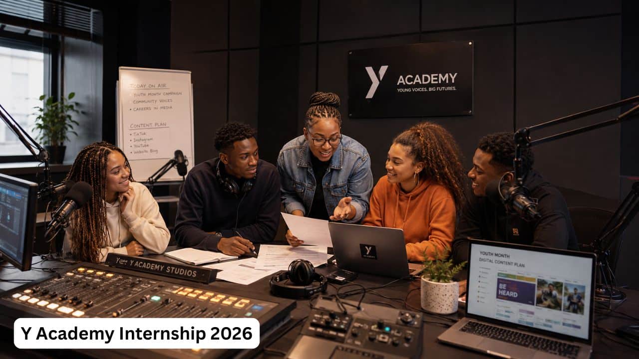 Young South African media graduates preparing for the Y Academy Internship 2026 in a radio studio