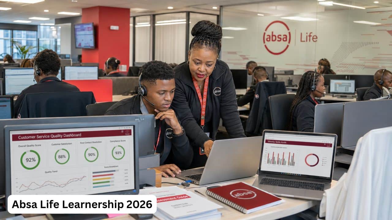 Young South African learner reviewing skills assessments and customer-service results with an Absa Life training coach