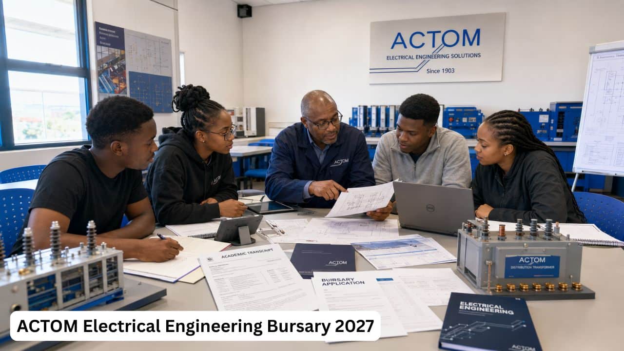 Young South African Electrical Engineering students preparing documents for the ACTOM Electrical Engineering Bursary 2027