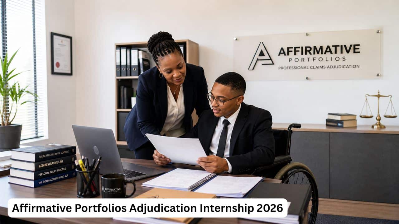 Young South African legal graduate living with a disability reviewing adjudication documents during internship training