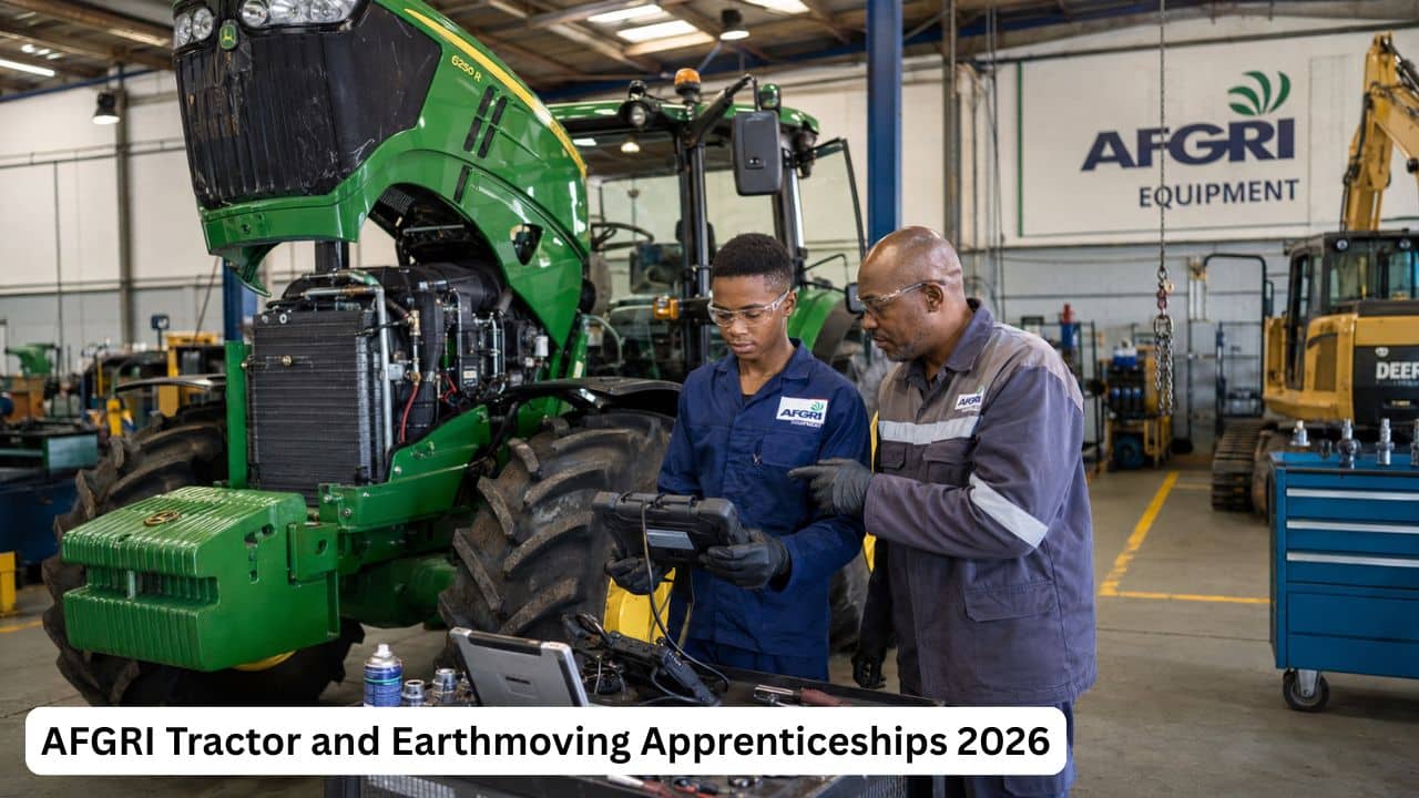 Young South African apprentice receiving tractor mechanic training in an AFGRI Equipment workshop