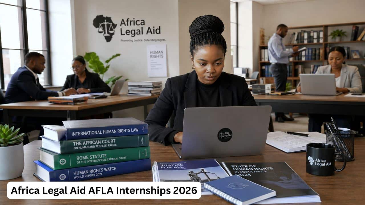 Young African legal research intern working on human rights and international justice documents