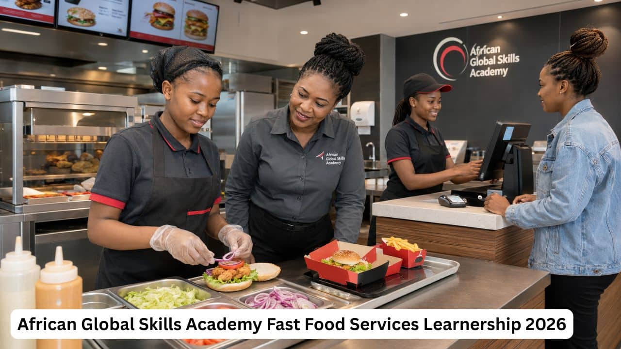 South African learners completing practical fast-food preparation and customer-service training through African Global Skills Academy.