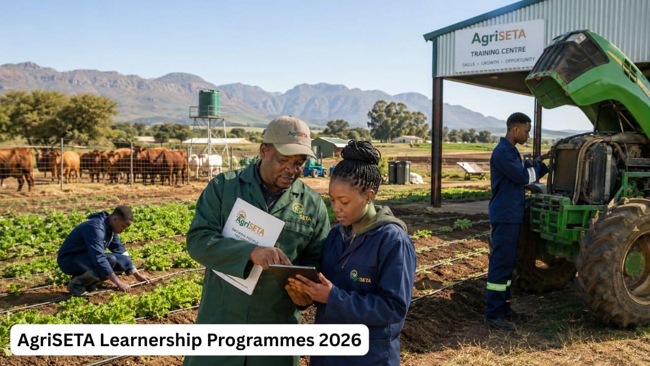 Young South African learners receiving practical AgriSETA crop, livestock and agricultural machinery training in 2026.