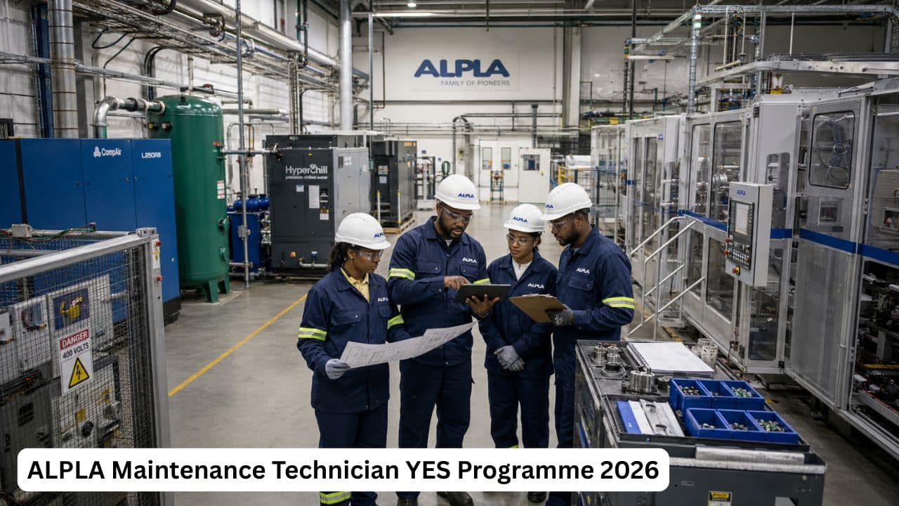 South African ALPLA maintenance technician inspecting electrical and mechanical equipment inside a packaging plant