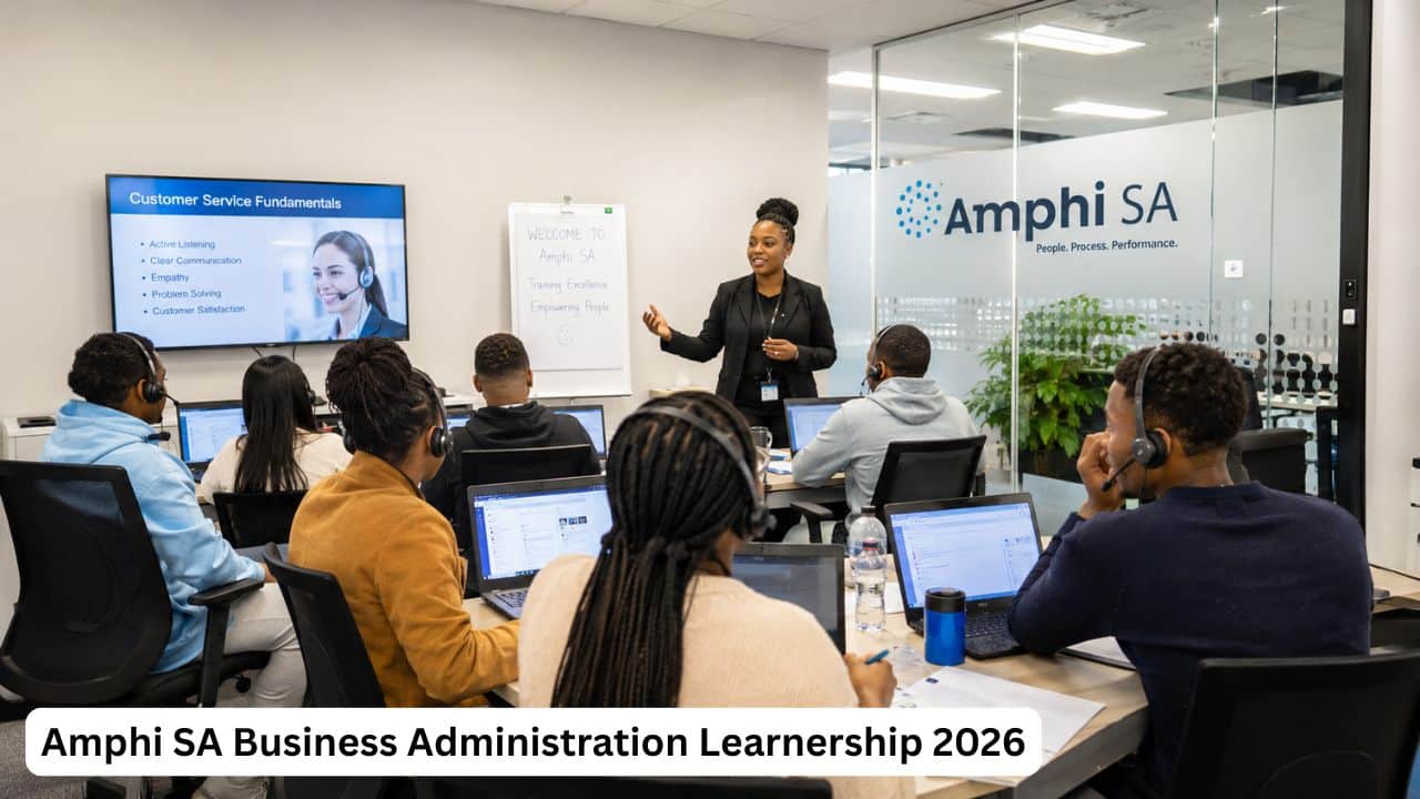 Young South African learners receiving business administration training in a professional office environment.