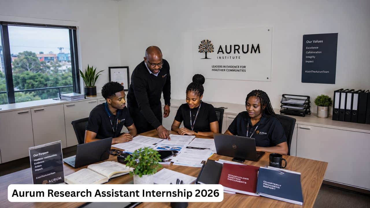Young South African public health research interns reviewing programme reports and data in an Aurum office