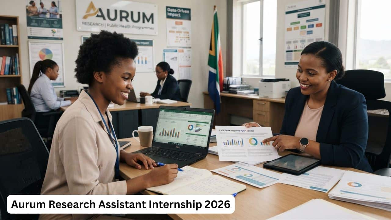 Young South African research assistant internship candidate reviewing public health programme data during the Aurum internship.