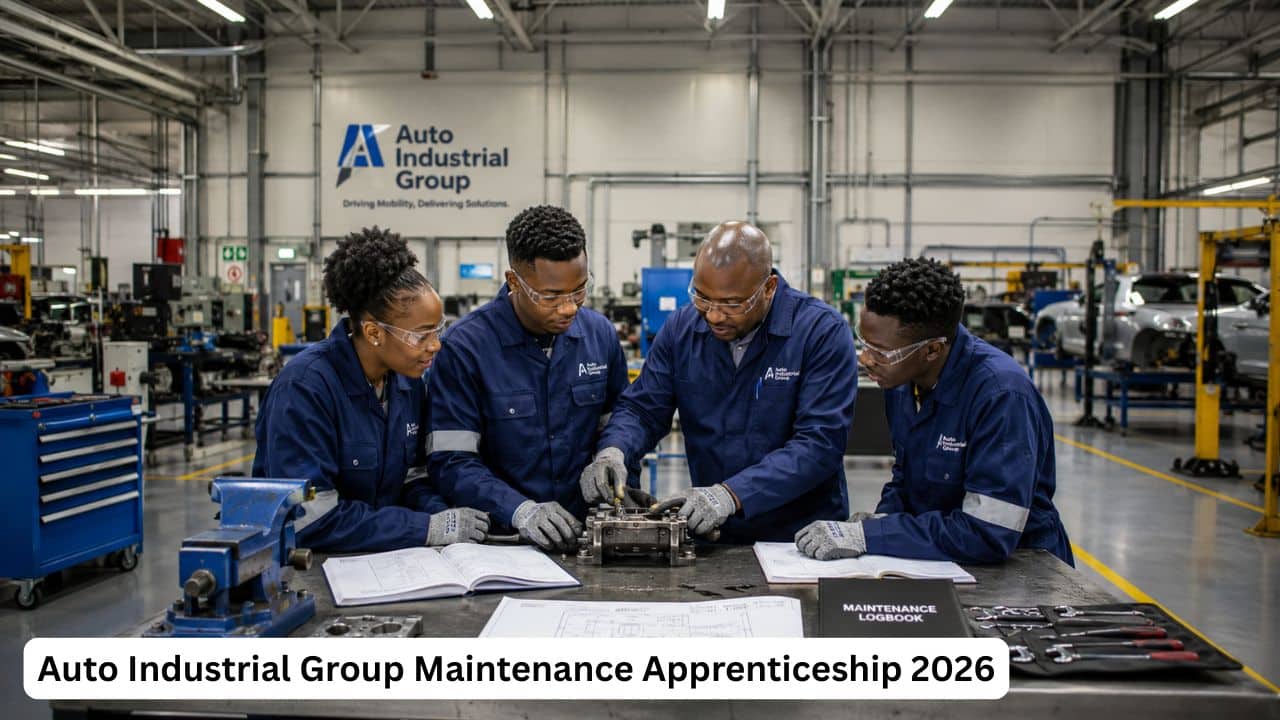 Young South African maintenance apprenticeship candidate receiving hands-on engineering training in a manufacturing workshop.
