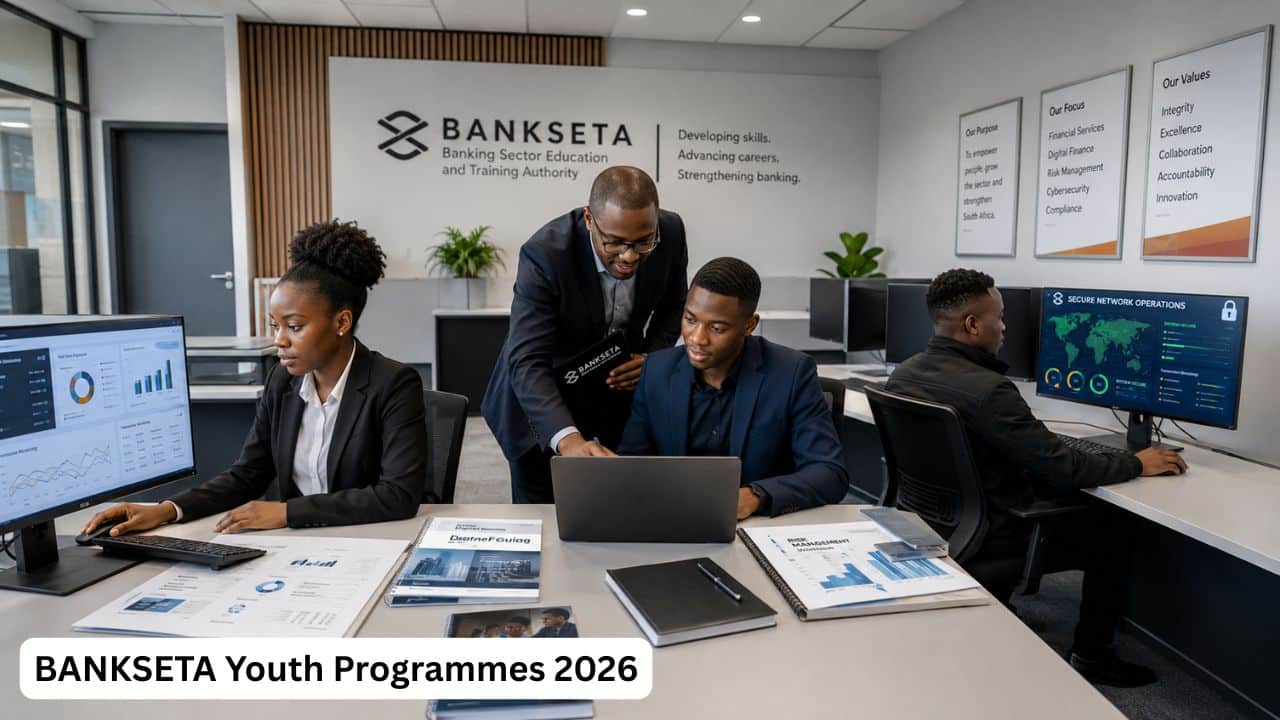 Young South African learners completing BANKSETA banking, financial services and cybersecurity training in 2026.