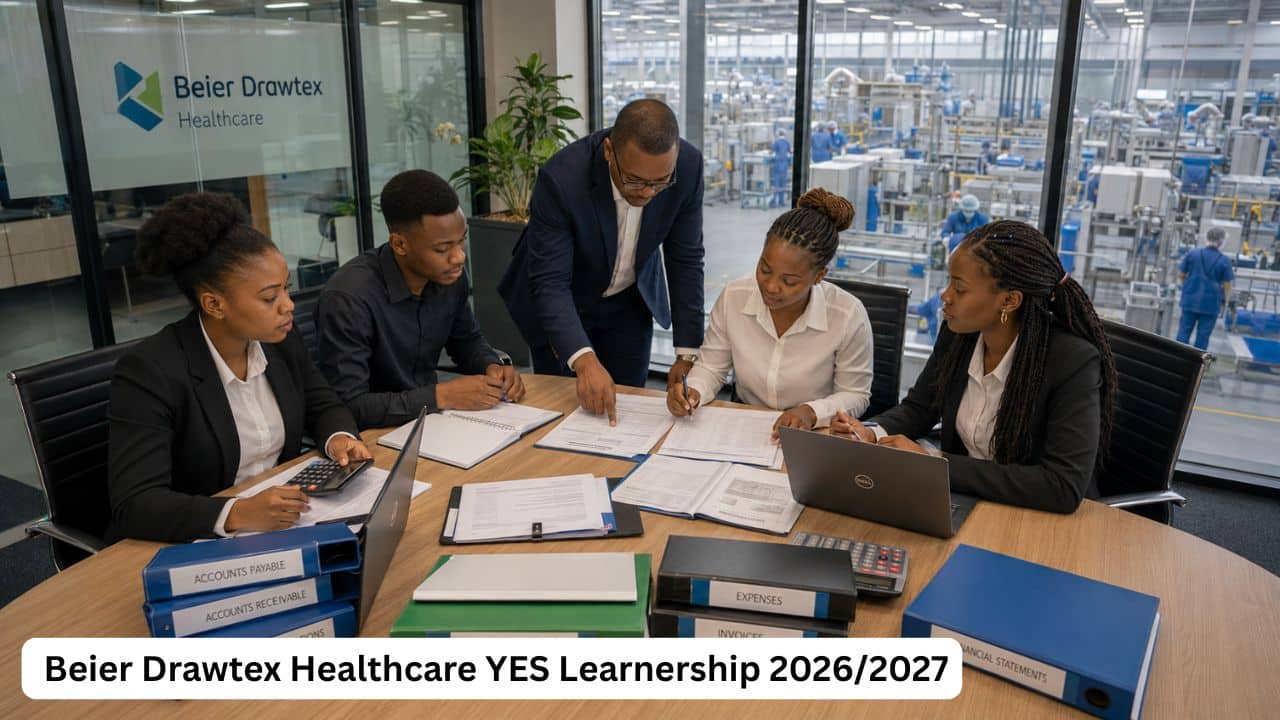 Young South African finance graduates reviewing invoices and reconciliation records during the Beier Drawtex Healthcare YES Learnership