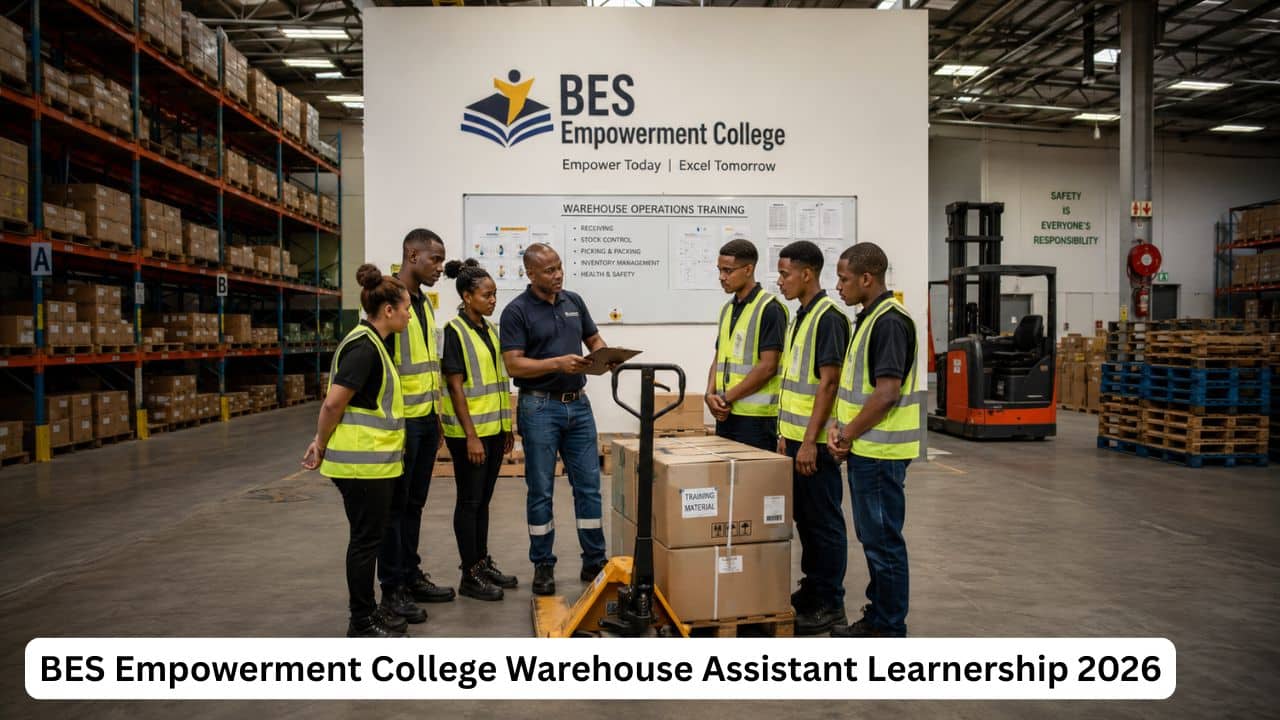 Young South African warehouse assistant learners receiving practical training in a manufacturing warehouse.
