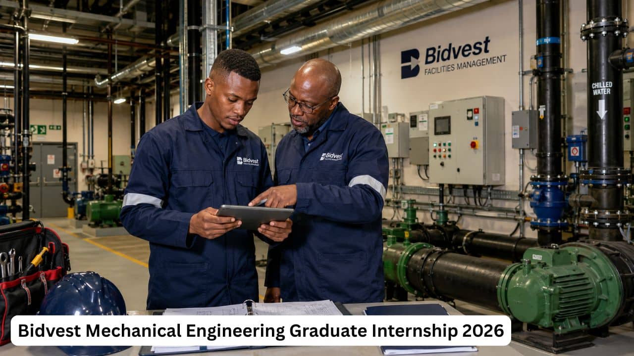 South African mechanical engineering graduate receiving practical facilities management training from an experienced Bidvest engineer.