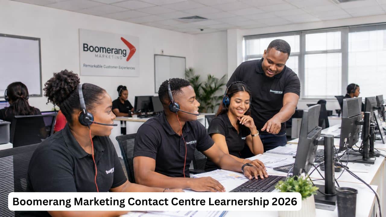 Young South African learners receiving contact centre customer service training at Boomerang Marketing.