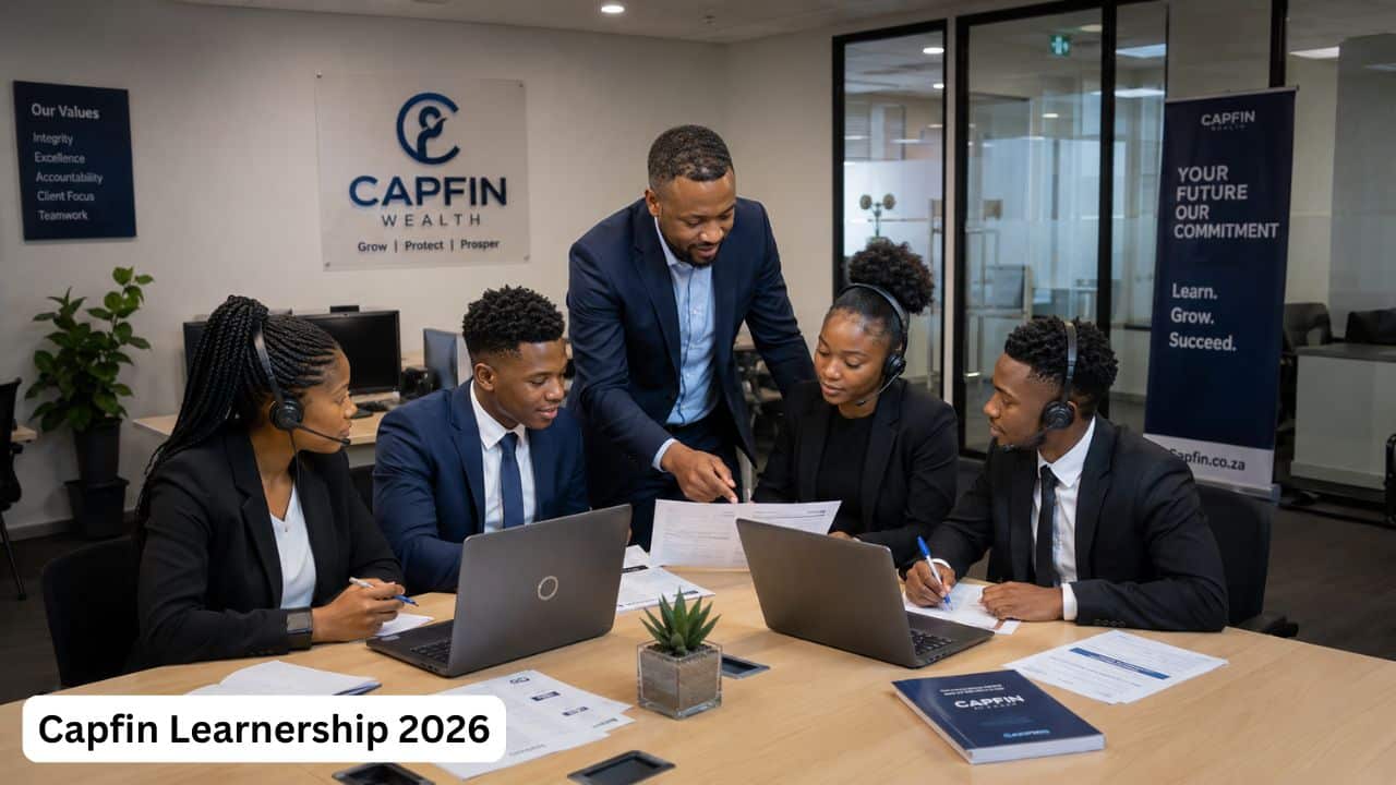 Young South African banking learnership candidates receiving workplace training during the Capfin Learnership 2026.