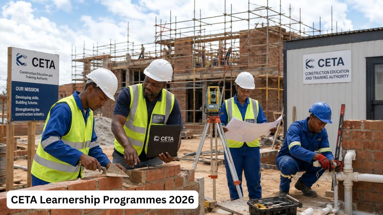 Young South African learners receiving practical CETA construction training on a building site in 2026.
